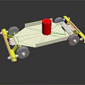Mechanical Platform Device With Yellow Frame Red Cylinder And Rolling Wheels