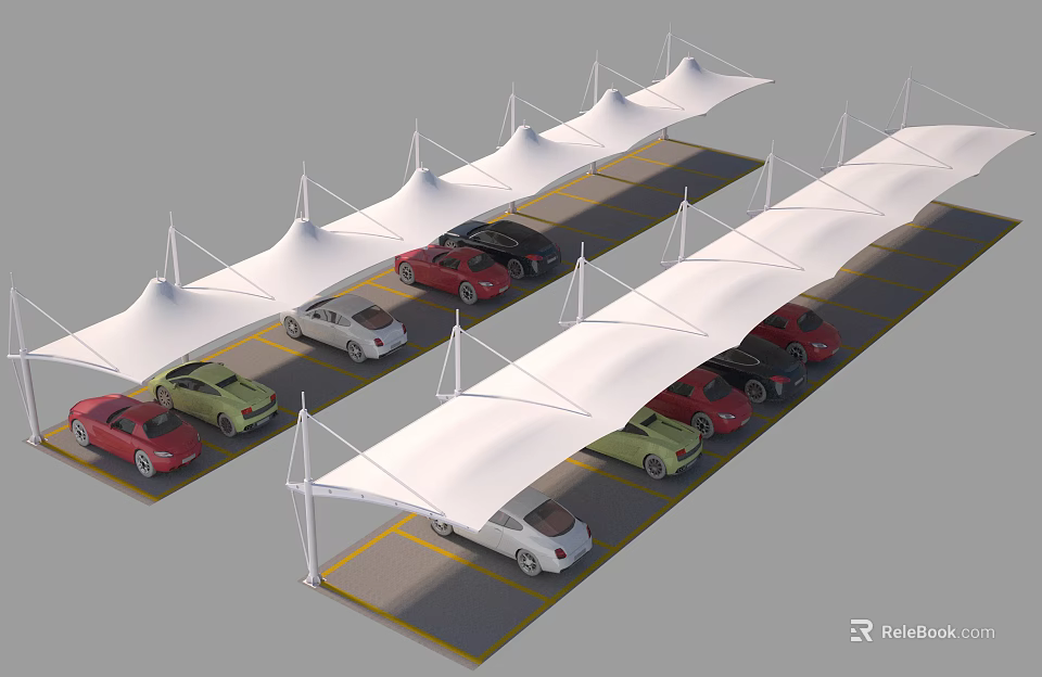 White Tensile Membrane Canopy Structure For Outdoor Car Parking With Parked Vehicles 3d model 