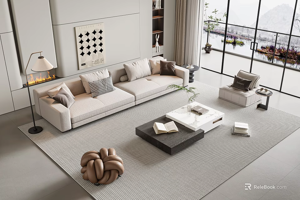 Modern Living Room Sofa and Coffee Table Set with Accent Pillows Side Table and Fireplace 3d model 