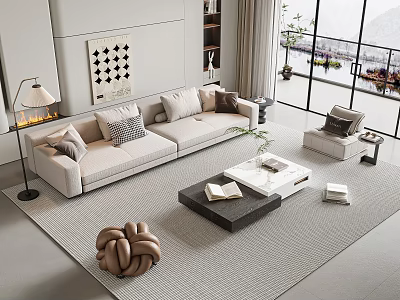 Modern Living Room Sofa and Coffee Table Set with Accent Pillows Side Table and Fireplace 3d model