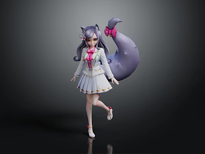 Anime Cat Girl Character With Purple Hair Pink Bow Tail And White Uniform Dress 3d model