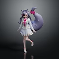 Anime Cat Girl Character With Purple Hair Pink Bow Tail And White Uniform Dress