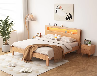 Modern Wooden Double Bed with Lighted Headboard Nightstand Rug Open Book Slippers and Wall Art 3d model