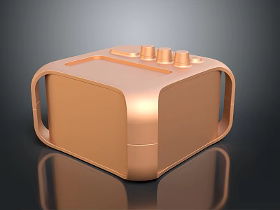 Golden Cube Shaped Modern Clock With Three Knobs And Shiny Surface On Black Reflective Base 3d model
