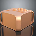 Golden Cube Shaped Modern Clock With Three Knobs And Shiny Surface On Black Reflective Base 3d model