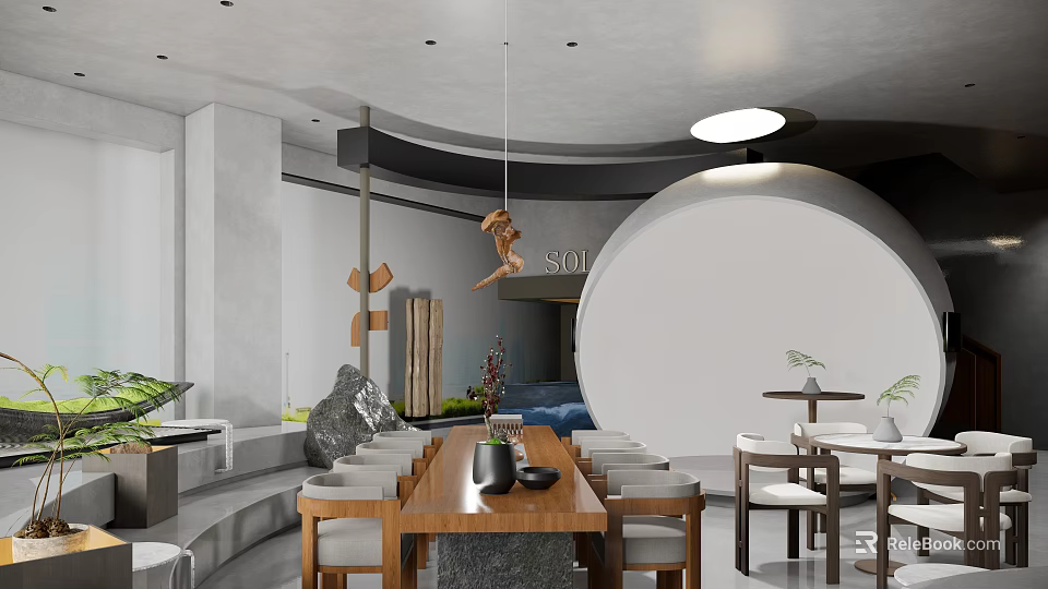 Elegant Modern Clubhouse Interior with Wooden Table Sofa and Circular Wall Decor 3d model 