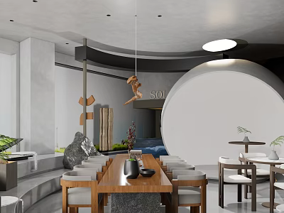 Elegant Modern Clubhouse Interior with Wooden Table Sofa and Circular Wall Decor 3d model