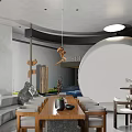 Elegant Modern Clubhouse Interior with Wooden Table Sofa and Circular Wall Decor