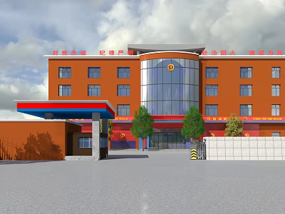 Modern Fire Station Building With Orange Exterior Red Awning Glass Facade And Entrance Trees 3d model