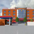 Modern Fire Station Building With Orange Exterior Red Awning Glass Facade And Entrance Trees