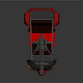 Red Three Wheeled Functional Vehicle With Roof Mounted Machine Gun And Brown Seats