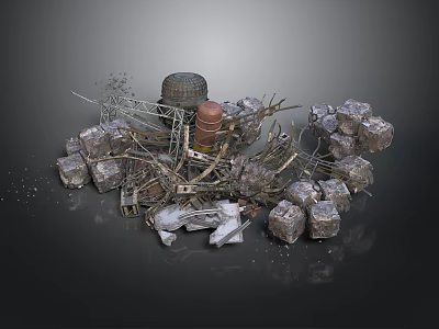 Demolished Construction Site Debris With Rusted Barrel Metal Fragments And Stone Blocks 3d model