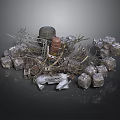 Demolished Construction Site Debris With Rusted Barrel Metal Fragments And Stone Blocks