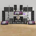 Professional Audio Sound System With Multiple Speakers Mic Stands And Control Panels On Wooden Floor