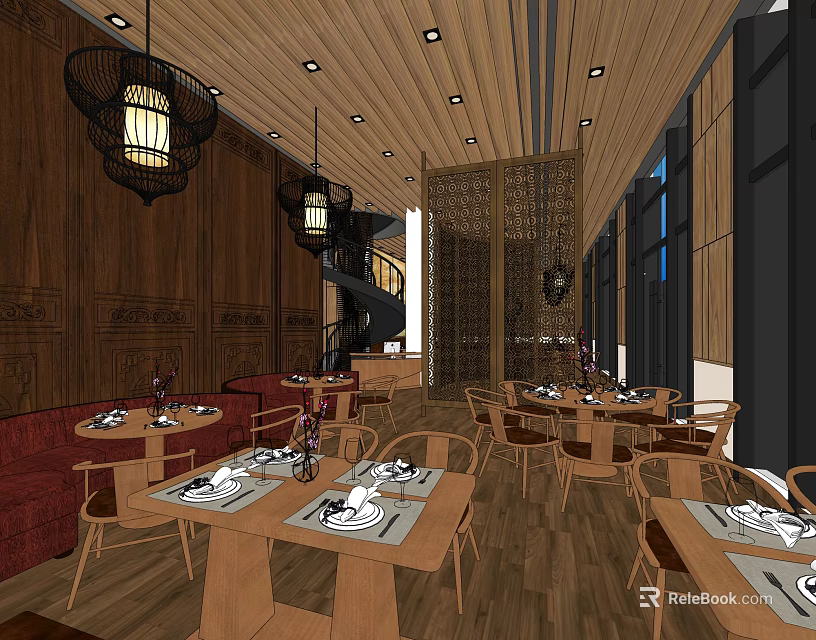 Wooden Restaurant Interior Design With Warm Lighting Dining Tables And Decorative Screens 3d model 