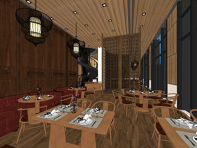 Wooden Restaurant Interior Design With Warm Lighting Dining Tables And Decorative Screens 3d model