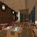 Wooden Restaurant Interior Design With Warm Lighting Dining Tables And Decorative Screens
