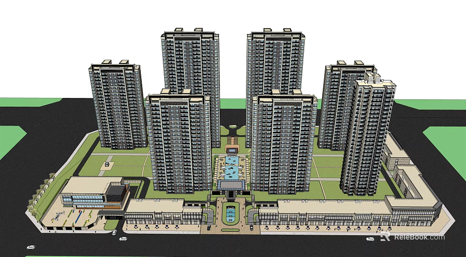 Modern High Rise Residential Complex With Central Courtyard And Water Feature 3d model