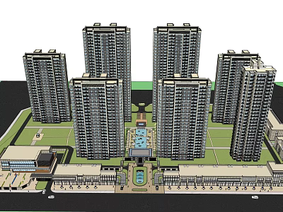 Modern High Rise Residential Complex With Central Courtyard And Water Feature 3d model