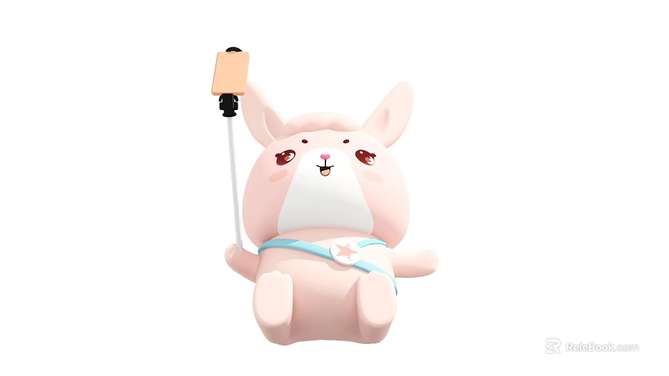 Pink Rabbit Ears Plush Toy with Cute Expression Holding Selfie Stick and Blue Star Strap 3d model 