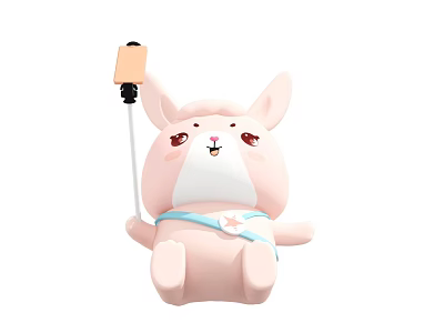 Pink Rabbit Ears Plush Toy with Cute Expression Holding Selfie Stick and Blue Star Strap 3d model