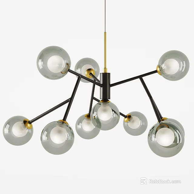 Modern Chandelier With Multiple Glass Globes Black Metal Frame And Gold Accents 3d model 