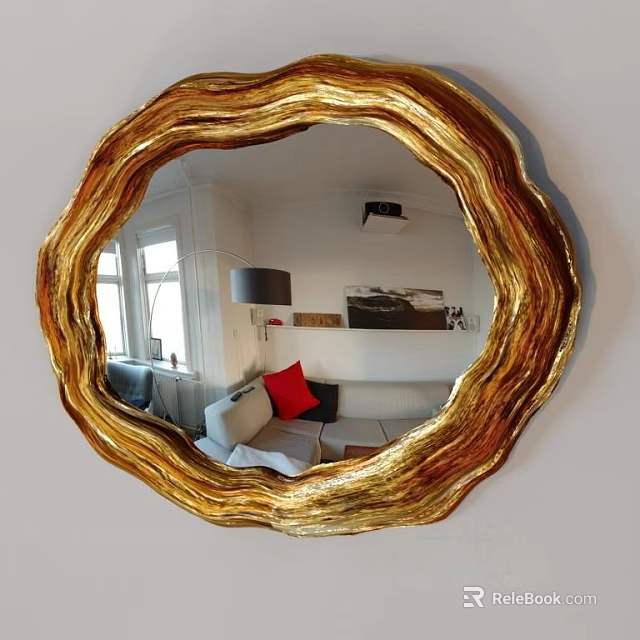 Round Gold Mirror With Wavy Frame Reflecting Sofa Red Cushion And Window 3d model