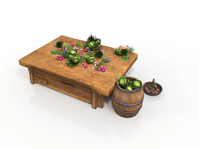 Wooden Table Decorated With Green Vegetables And Flowers Alongside Wooden Barrel And Small Plate 3d model