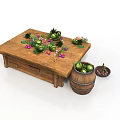 Wooden Table Decorated With Green Vegetables And Flowers Alongside Wooden Barrel And Small Plate