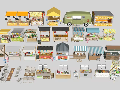 Various Street Food Stalls And Food Trucks With Colorful Awnings And Tables 3d model