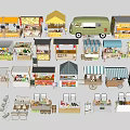 Various Street Food Stalls And Food Trucks With Colorful Awnings And Tables