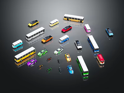 Colorful Toy Car and Bus Models in Various Types on Black Background 3d model