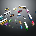 Colorful Toy Car and Bus Models in Various Types on Black Background