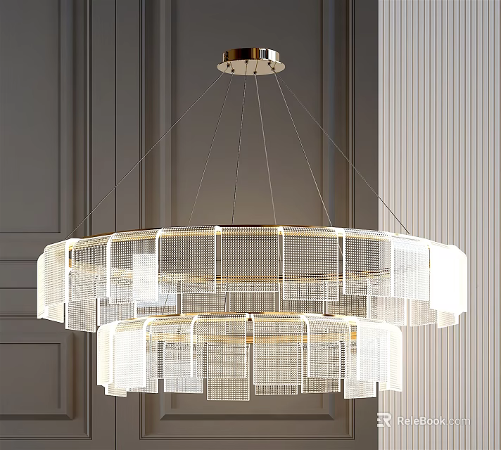 Modern Double Layered Circular Chandelier With Transparent Grid Panels In Contemporary Interior 3d model 