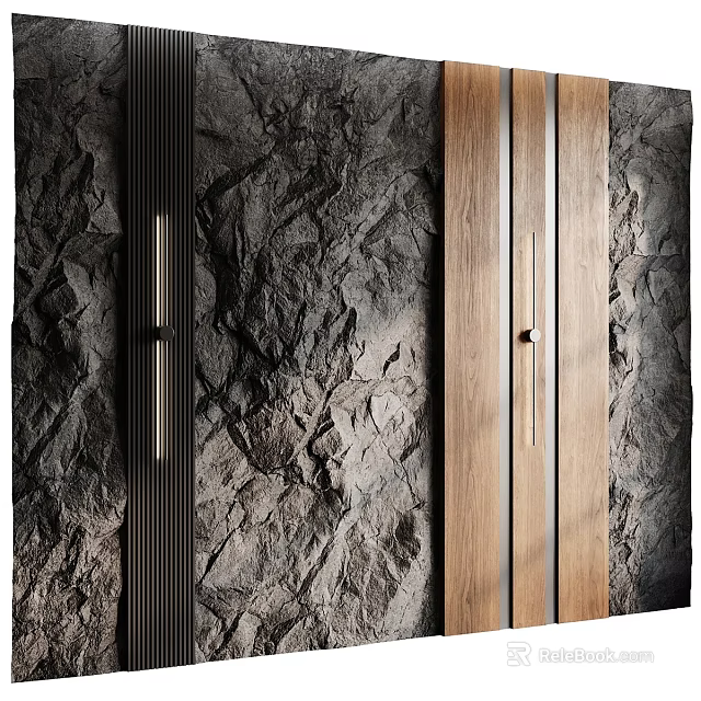 Natural Stone Textured Wall With Wooden Panels And Black Metal Strips 3d model 