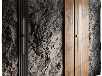Natural Stone Textured Wall With Wooden Panels And Black Metal Strips 3d model