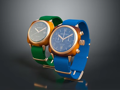 Fashionable Watches With Green And Blue Straps Metallic Dials And Golden Frames Design 3d model