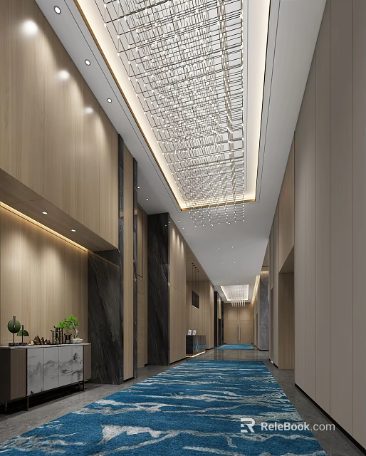 Modern Hotel Corridor With Wooden Walls Black Marble Accents Crystal Ceiling And Blue Floor Design 3d model 