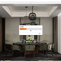 Private Dining Room with Round Table Chairs Pendant Lights and Decorative Wall 3d model