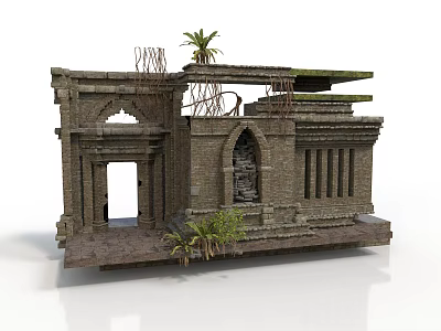 Modern Scene Featuring Ancient Stone Ruins Arches Columns And Mossy Plants 3d model