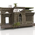 Modern Scene Featuring Ancient Stone Ruins Arches Columns And Mossy Plants