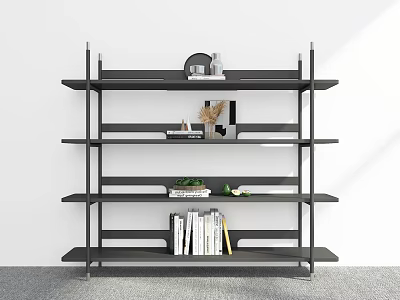 Modern Black Bookshelf With Open Shelves Books And Decorative Items 3d model