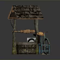 Vintage Well Structure Scene Featuring Wooden Frame Tile Roof Side Chair And Colorful Mats