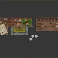 Household Items Display With Wooden Shelves Cabinets Press Machine And Bottles