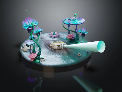 Cartoon Scene With Colorful Mushroom Like Plants Glowing Elements And Small Boat On Water 3d model
