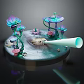 Cartoon Scene With Colorful Mushroom Like Plants Glowing Elements And Small Boat On Water