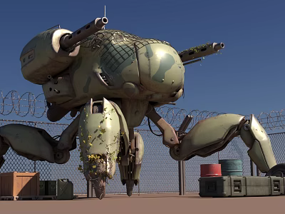 Camouflage Painted Mechanical Crab Sculpture With Cannons Barbed Wire Wooden Crates Oil Drums Blue Sky 3d model