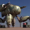 Camouflage Painted Mechanical Crab Sculpture With Cannons Barbed Wire Wooden Crates Oil Drums Blue Sky