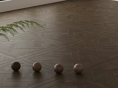 Dark Brown Wooden Flooring With Parquet Geometric Pattern And Small Spheres Green Leaves 3d model