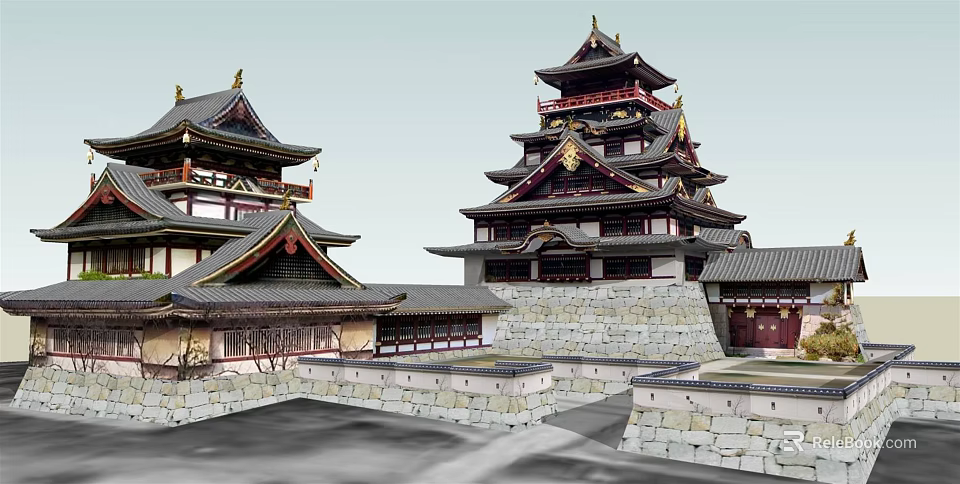 Traditional Ancient Architecture Featuring Tiered Towers Curved Roofs And Stone Walls 3d model 